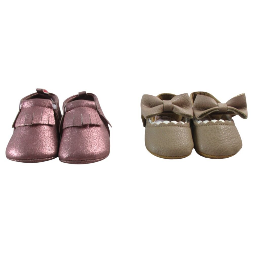 Lot of 2 Baby Girl Moccasins Pink Fringe & Tan Bow Soft Sole Crib Shoes Size 0-3